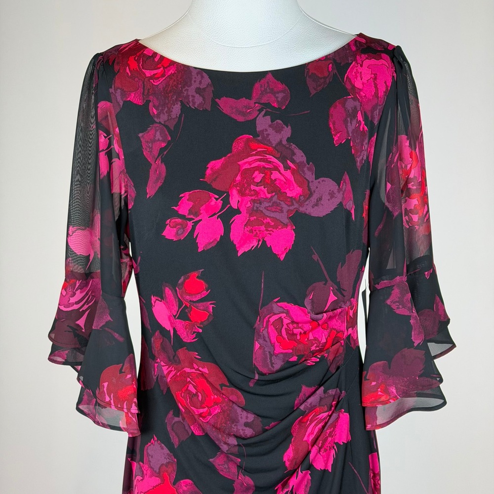 NWT Jessica Howard Black Pink Floral Bell Sleeve Sheath Cocktail Dress Size 16P - Picture 2 of 10